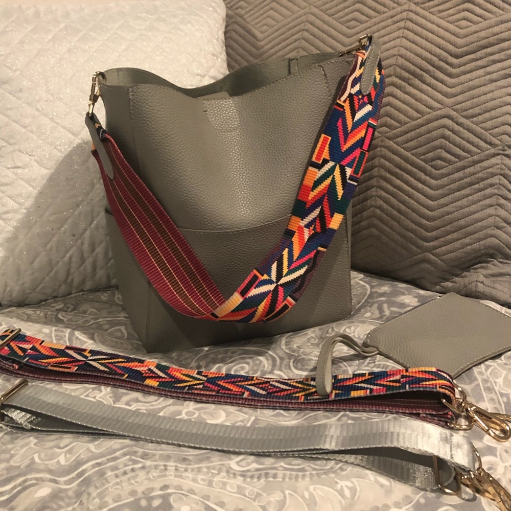 Vegan Leather Gray bucket bag with multiple straps